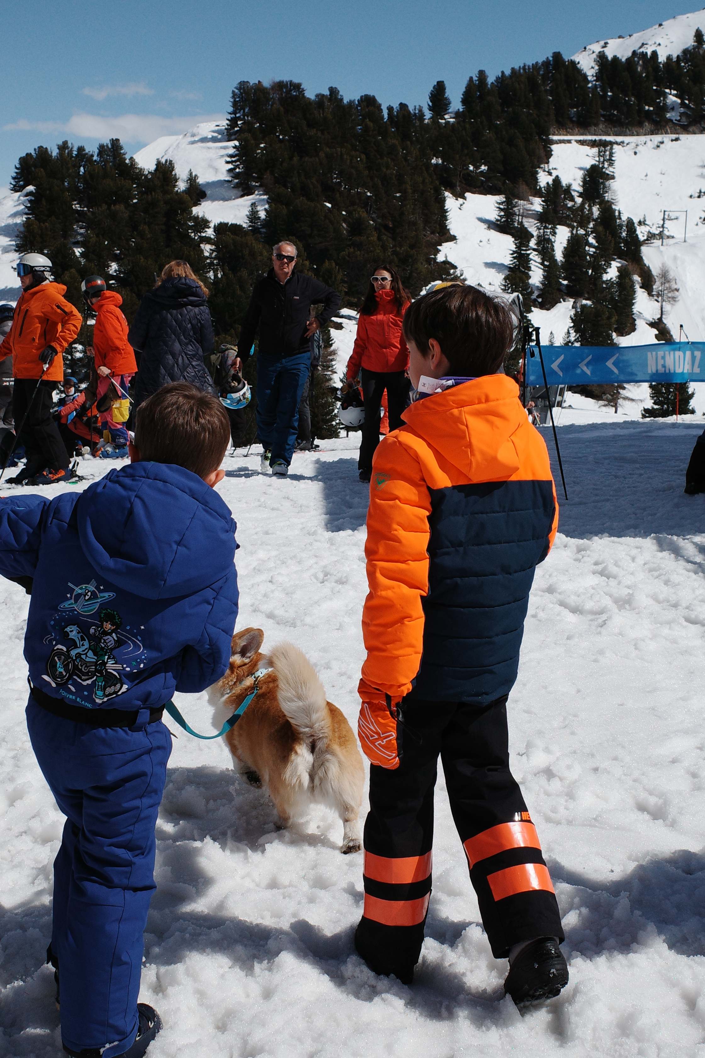 Children walking a corgi on snow
